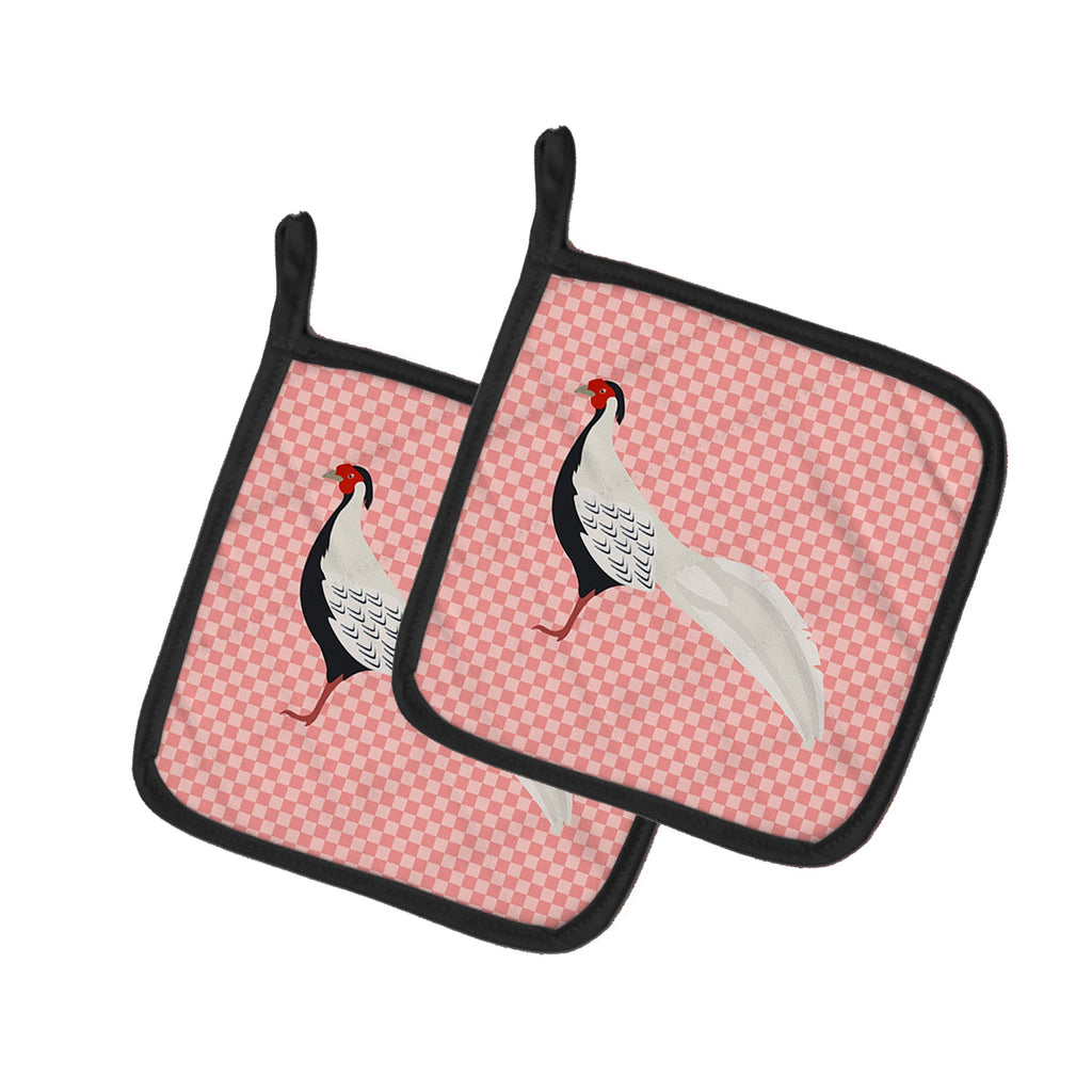 Silver Pheasant Pink Check Pot Holder Set of 2 Heat Resistant Quilted Hot Pads 7.5 x 7.5 Inch, Insulated Kitchen Trivets for Cooking & Baking