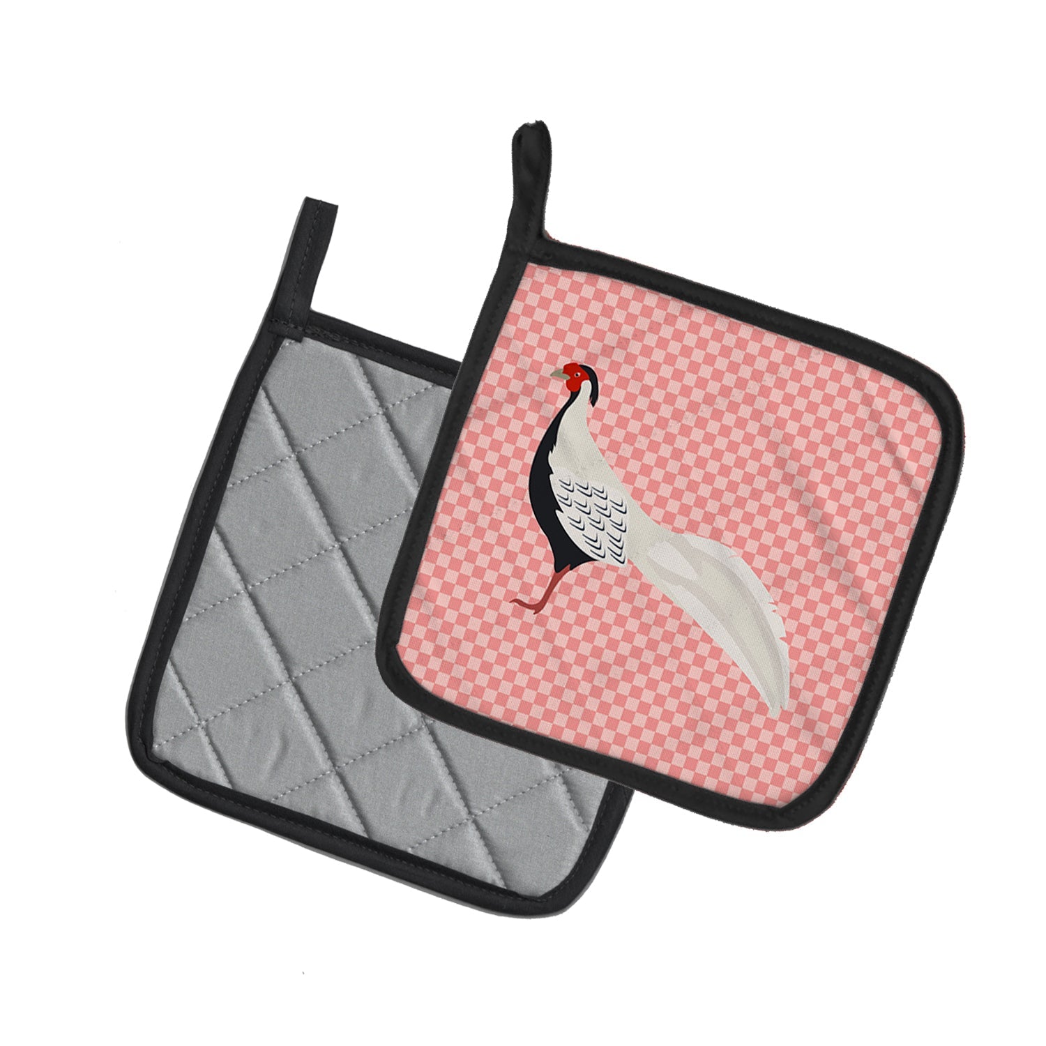 Silver Pheasant Pink Check Pot Holder Set of 2 Heat Resistant Quilted Hot Pads 7.5 x 7.5 Inch, Insulated Kitchen Trivets for Cooking & Baking