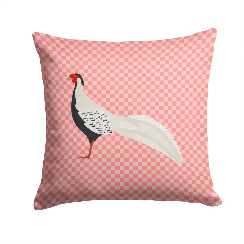 Silver Pheasant Pink Check Decorative Throw Pillow 14x14 Indoor Outdoor Accent Cushion, Fabric Cover with Insert for Sofa, Bed, Porch & Living Room