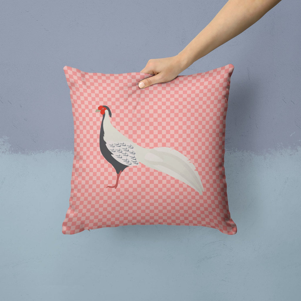 Silver Pheasant Pink Check Decorative Throw Pillow 14x14 Indoor Outdoor Accent Cushion, Fabric Cover with Insert for Sofa, Bed, Porch & Living Room