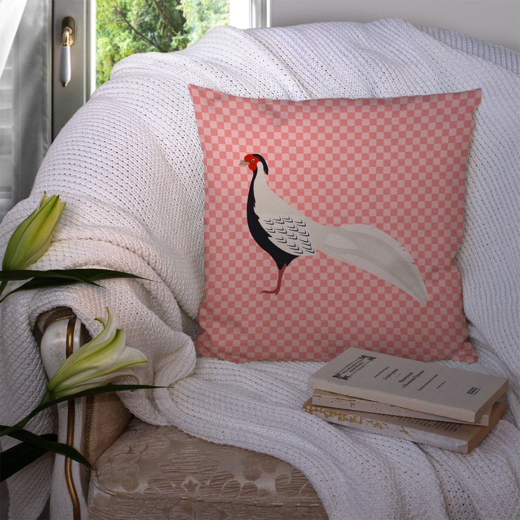 Silver Pheasant Pink Check Decorative Throw Pillow 14x14 Indoor Outdoor Accent Cushion, Fabric Cover with Insert for Sofa, Bed, Porch & Living Room