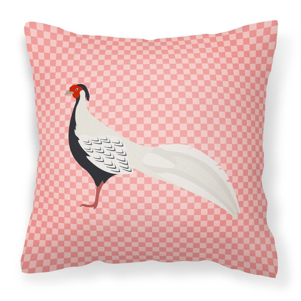Silver Pheasant Pink Check Decorative Throw Pillow 18x18 Indoor Outdoor Accent Cushion, Fabric Cover with Insert for Sofa, Bed, Porch & Living Room