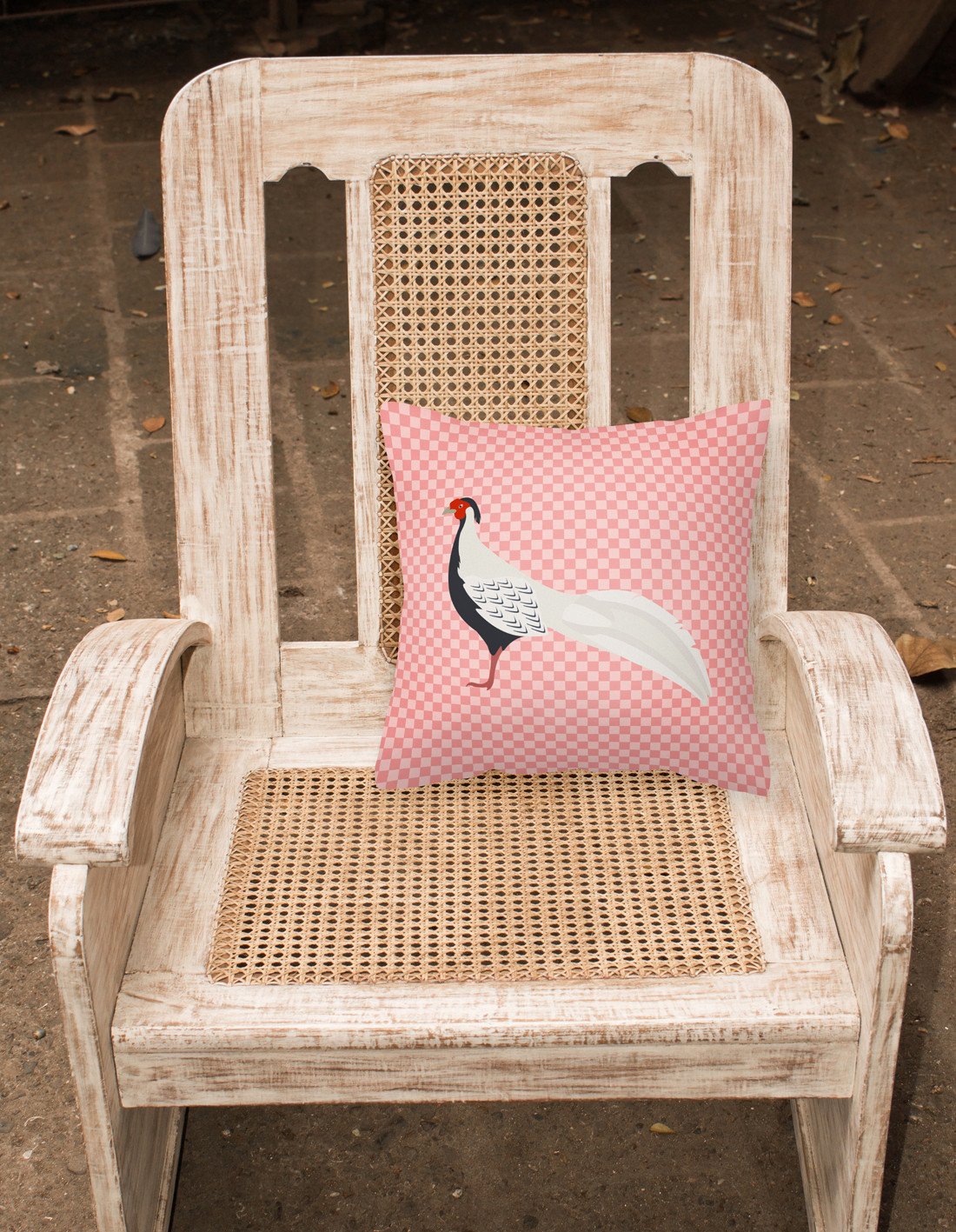 Silver Pheasant Pink Check Decorative Throw Pillow 18x18 Indoor Outdoor Accent Cushion, Fabric Cover with Insert for Sofa, Bed, Porch & Living Room