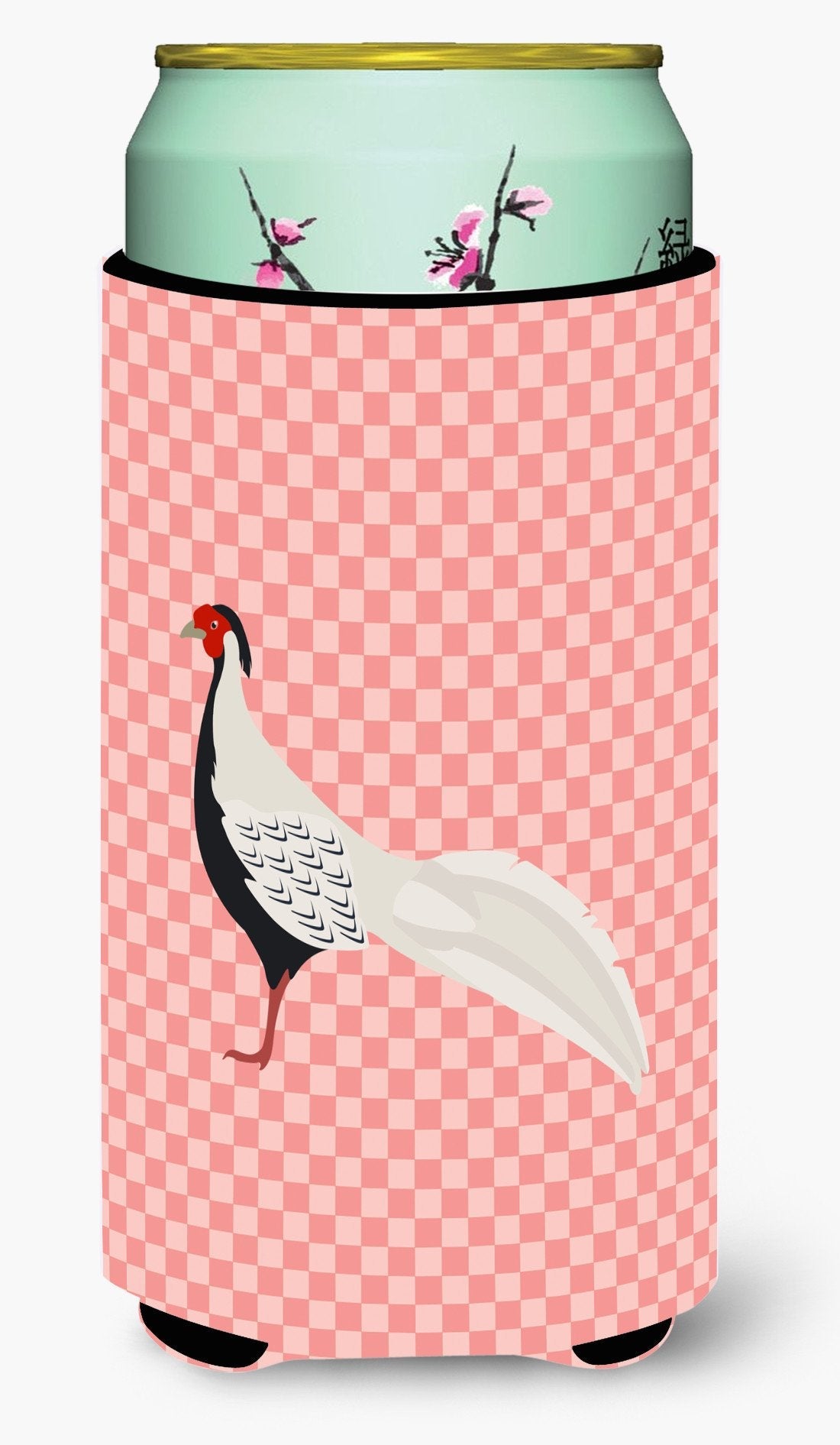 Silver Pheasant Pink Check Tall Boy Hugger Can Cooler Sleeve Machine Washable Drink Collapsible Insulator Beverage Insulated Holder