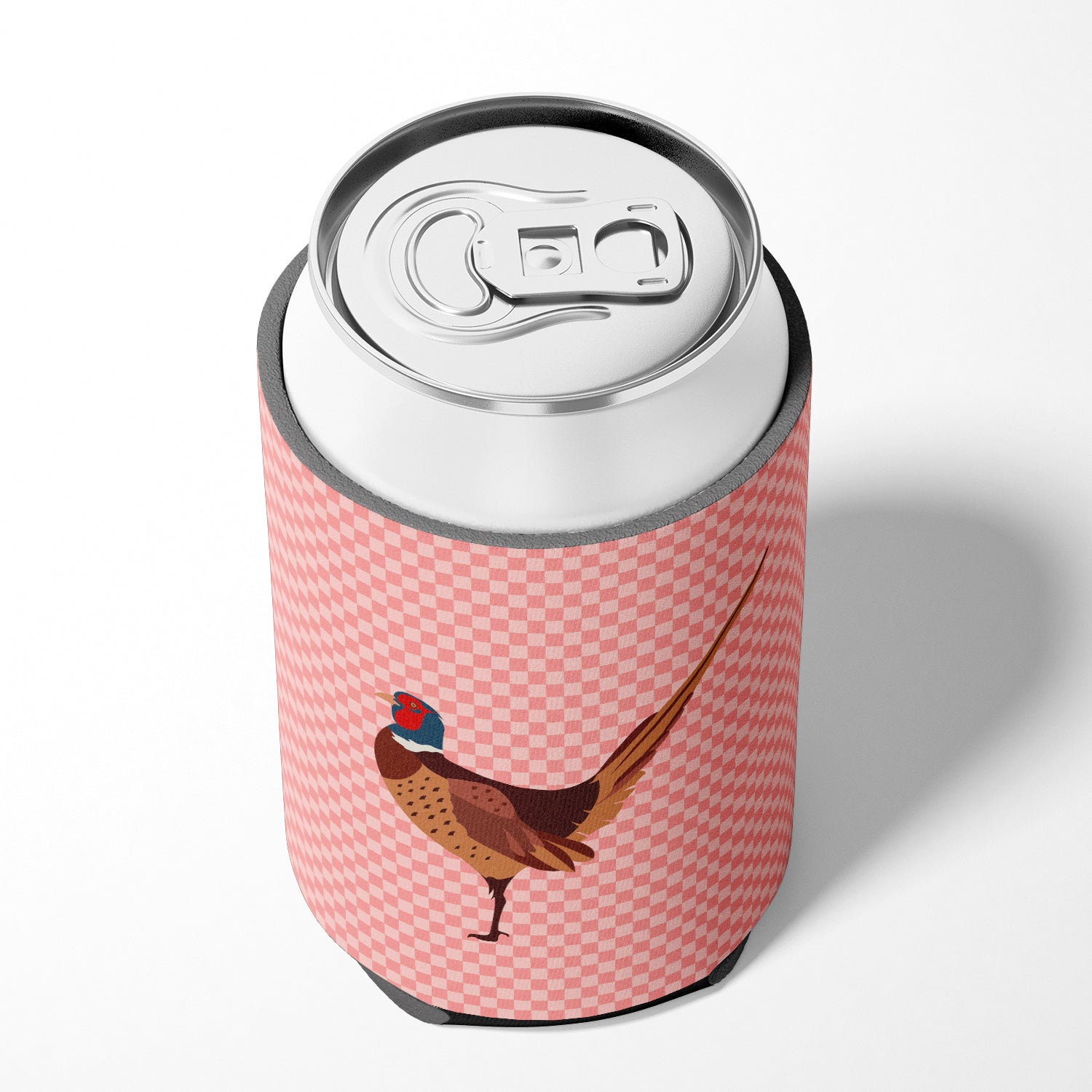 Ring-necked Common Pheasant Pink Check Can or Bottle Hugger Cooler Sleeve for Standard 12 oz Cans, Insulated Foam Beer & Soda Can Hugger Reusable