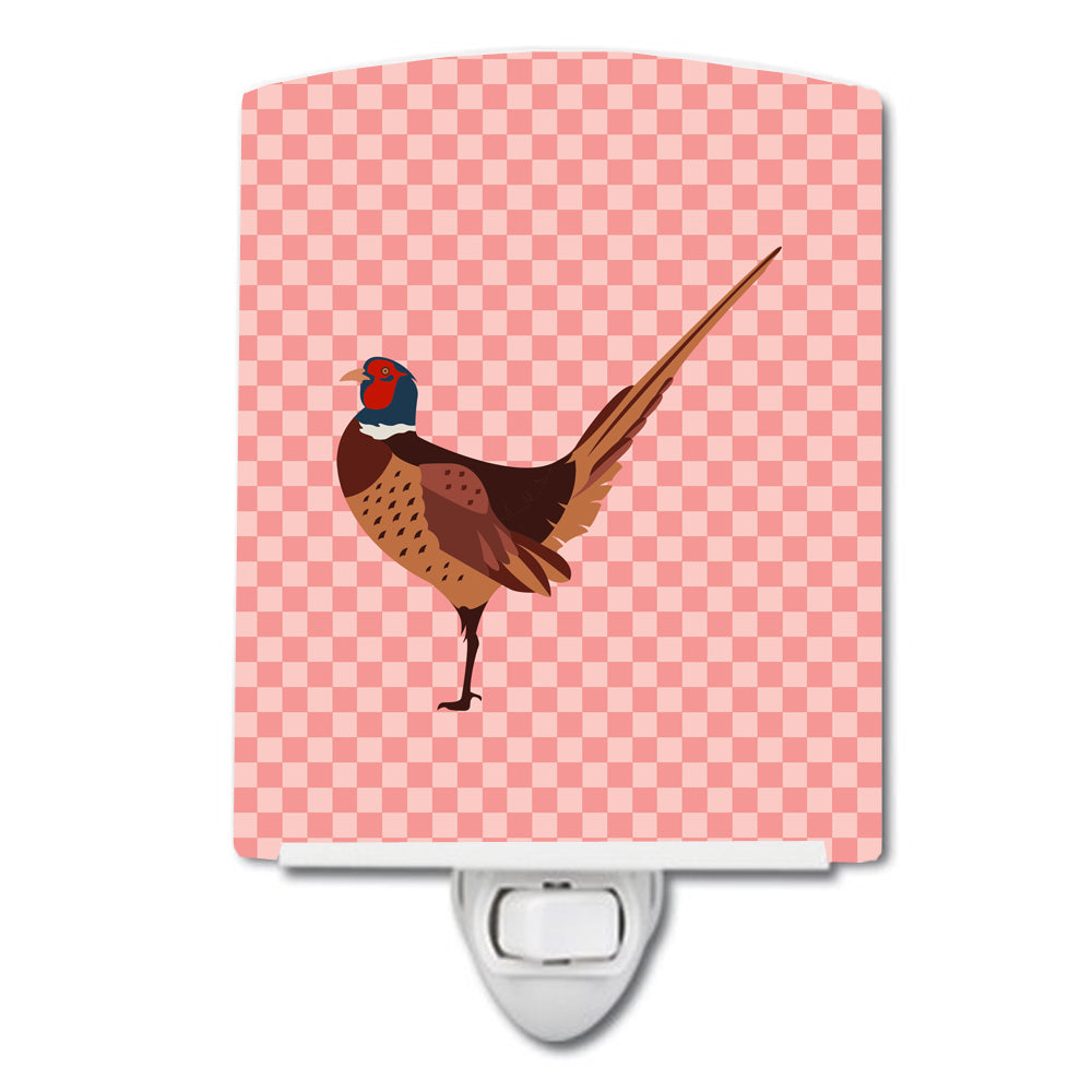 Ring-necked Common Pheasant Pink Check Ceramic Night Light Compact, UL-Certified, Ideal for Bedroom, Bathroom, Nursery, Hallway, Kitchen, 6x4x3, Multicolor