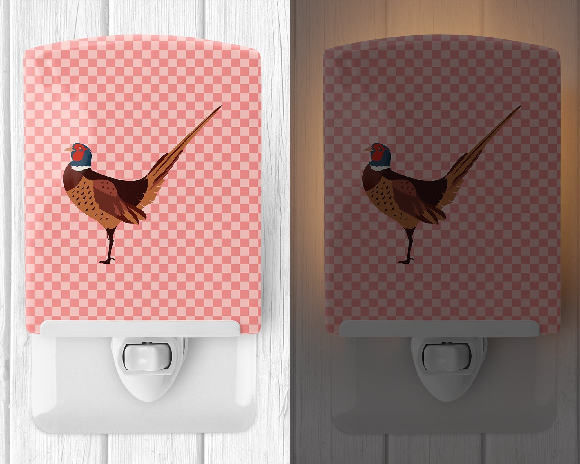 Ring-necked Common Pheasant Pink Check Ceramic Night Light Compact, UL-Certified, Ideal for Bedroom, Bathroom, Nursery, Hallway, Kitchen, 6x4x3, Multicolor