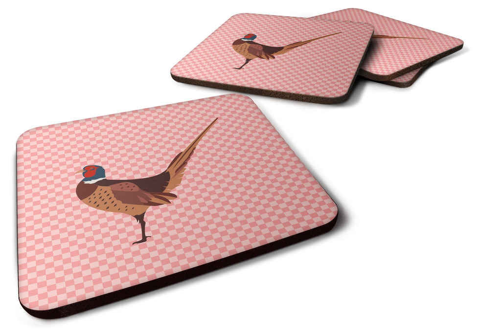 Ring-necked Common Pheasant Pink Check Foam Coasters Set of 4 Cup Coasters for Indoor Outdoor, Tabletop Protection, Anti Slip, Mouse pad Material
