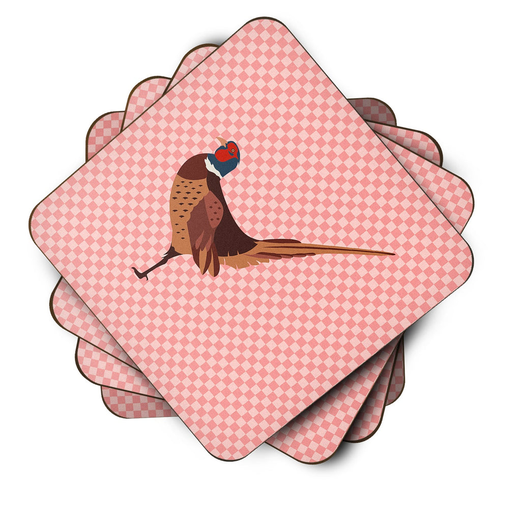 Ring-necked Common Pheasant Pink Check Foam Coasters Set of 4 Cup Coasters for Indoor Outdoor, Tabletop Protection, Anti Slip, Mouse pad Material