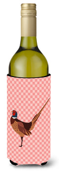 Ring-necked Common Pheasant Pink Check Wine Bottle Hugger Gift Sleeve for Standard 750 ml Bottles, Insulated Reusable Also Fits Mini Shot & Pint Bottles