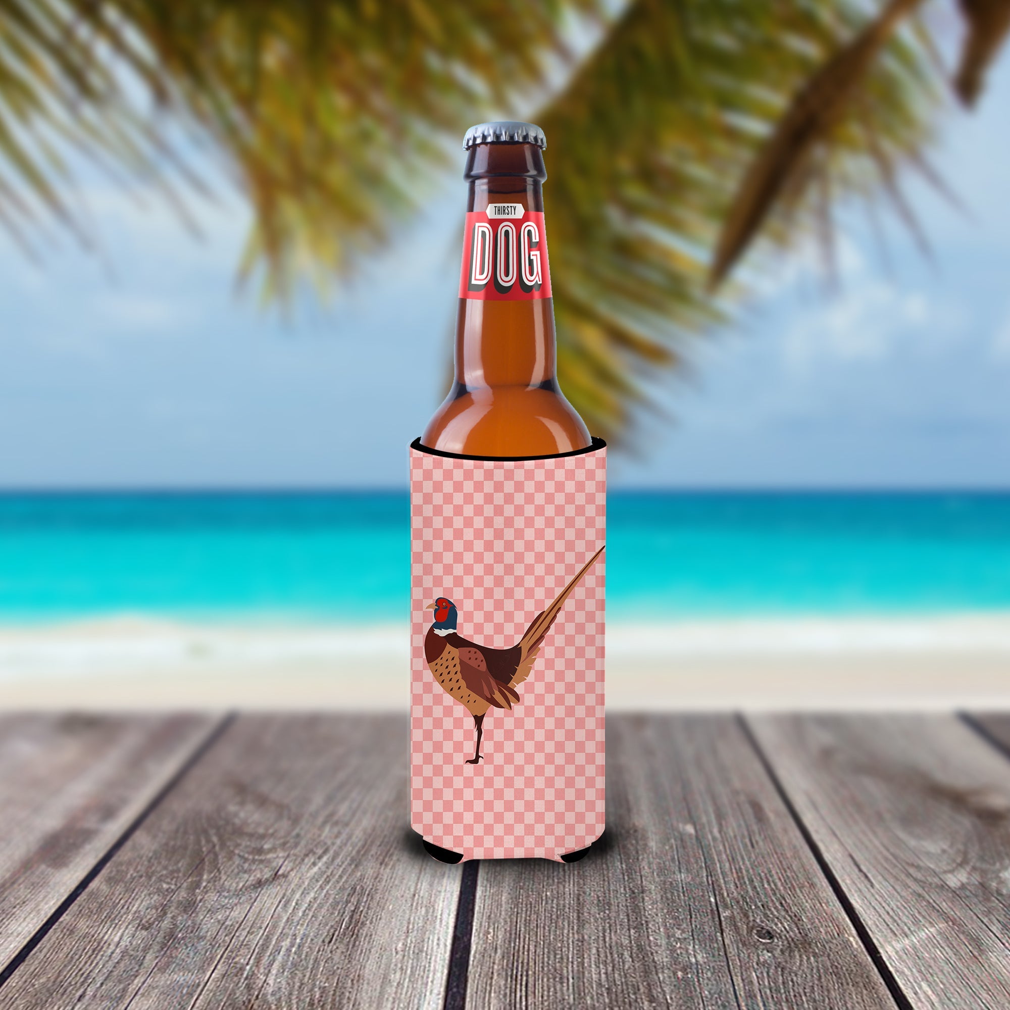 Ring-necked Common Pheasant Pink Check Slim Can Hugger , Insulated Foam Hugger for 12 oz Slim Cans, Beer Bottles & Water Bottles, Printed in USA