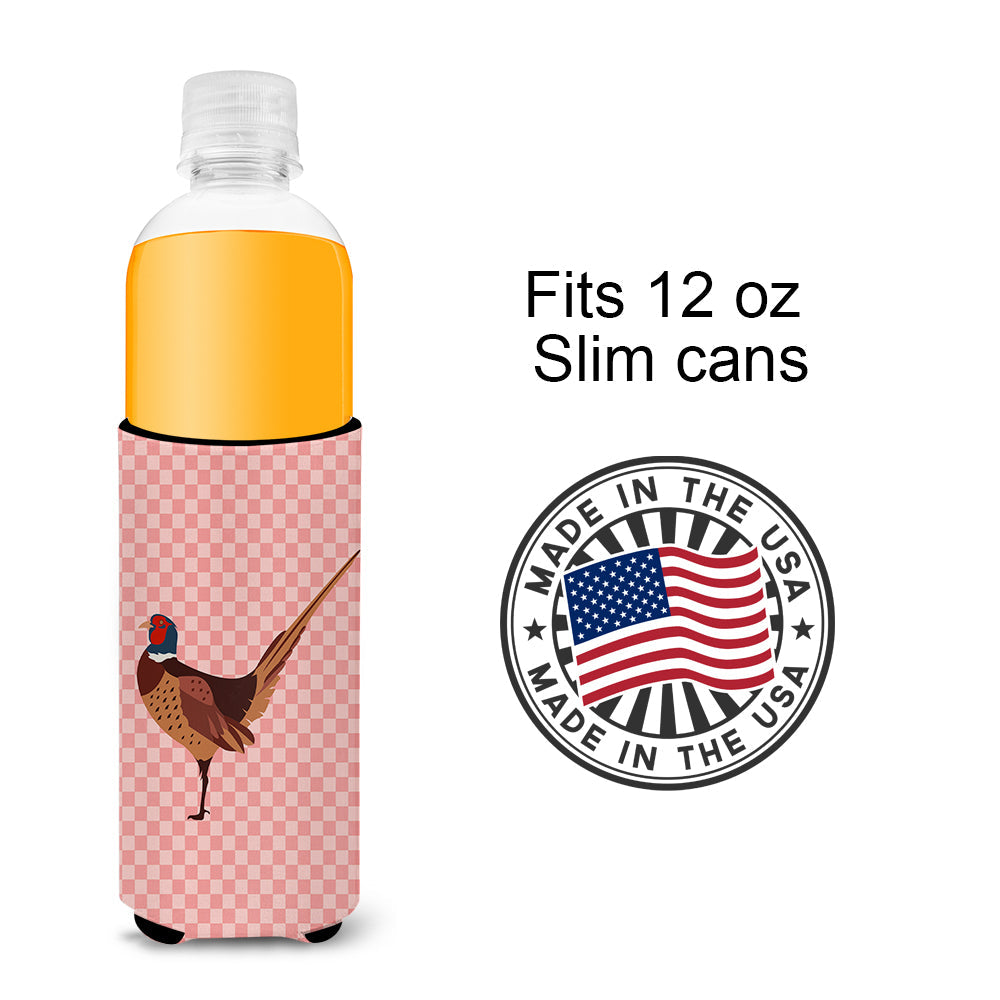 Ring-necked Common Pheasant Pink Check Slim Can Hugger , Insulated Foam Hugger for 12 oz Slim Cans, Beer Bottles & Water Bottles, Printed in USA