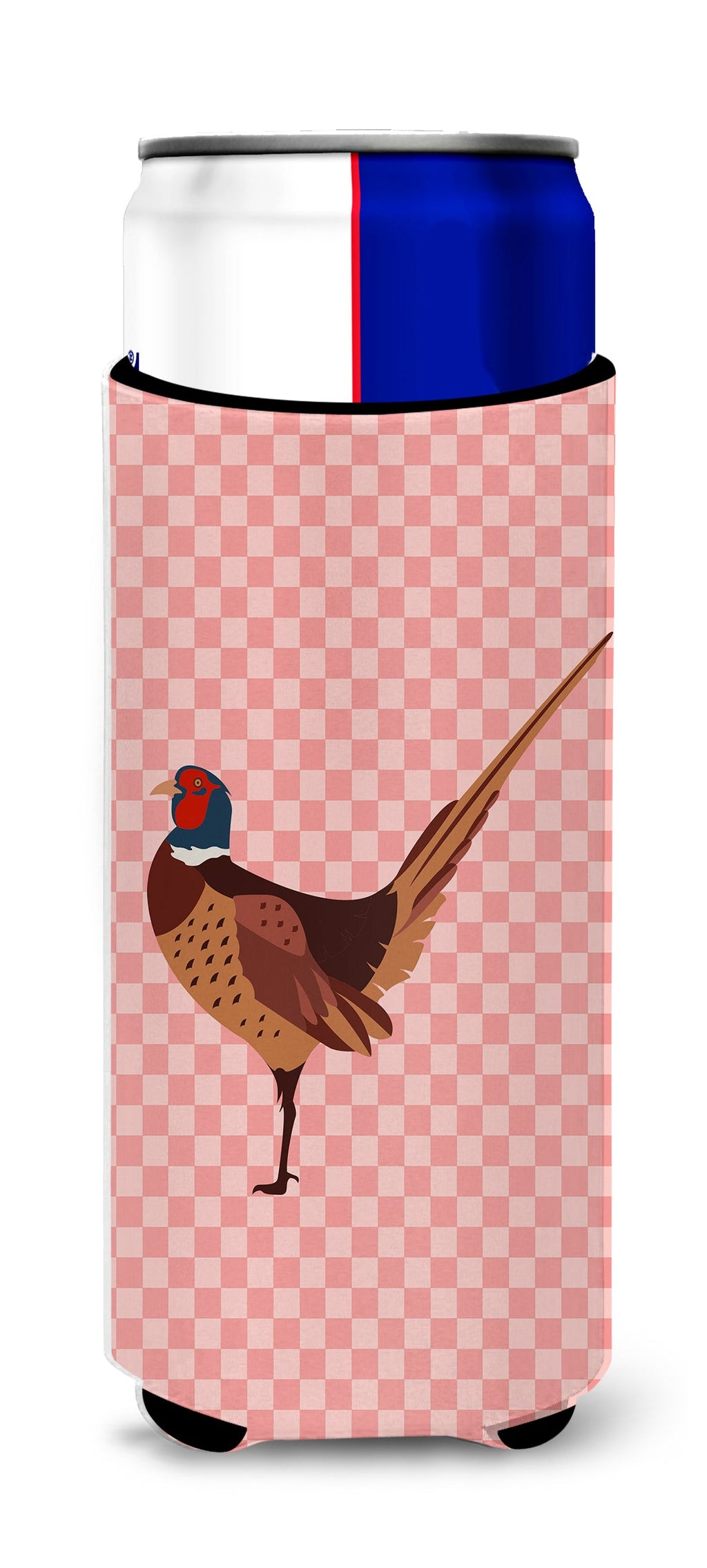 Ring-necked Common Pheasant Pink Check Slim Can Hugger , Insulated Foam Hugger for 12 oz Slim Cans, Beer Bottles & Water Bottles, Printed in USA