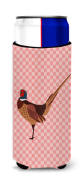 Ring-necked Common Pheasant Pink Check Slim Can Hugger , Insulated Foam Hugger for 12 oz Slim Cans, Beer Bottles & Water Bottles, Printed in USA