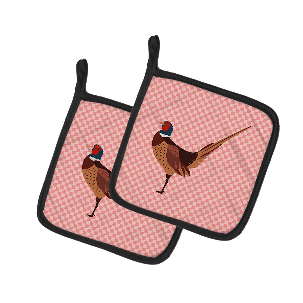 Ring-necked Common Pheasant Pink Check Pot Holder Set of 2 Heat Resistant Quilted Hot Pads 7.5 x 7.5 Inch, Insulated Kitchen Trivets for Cooking & Baking