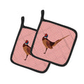 Ring-necked Common Pheasant Pink Check Pot Holder Set of 2 Heat Resistant Quilted Hot Pads 7.5 x 7.5 Inch, Insulated Kitchen Trivets for Cooking & Baking