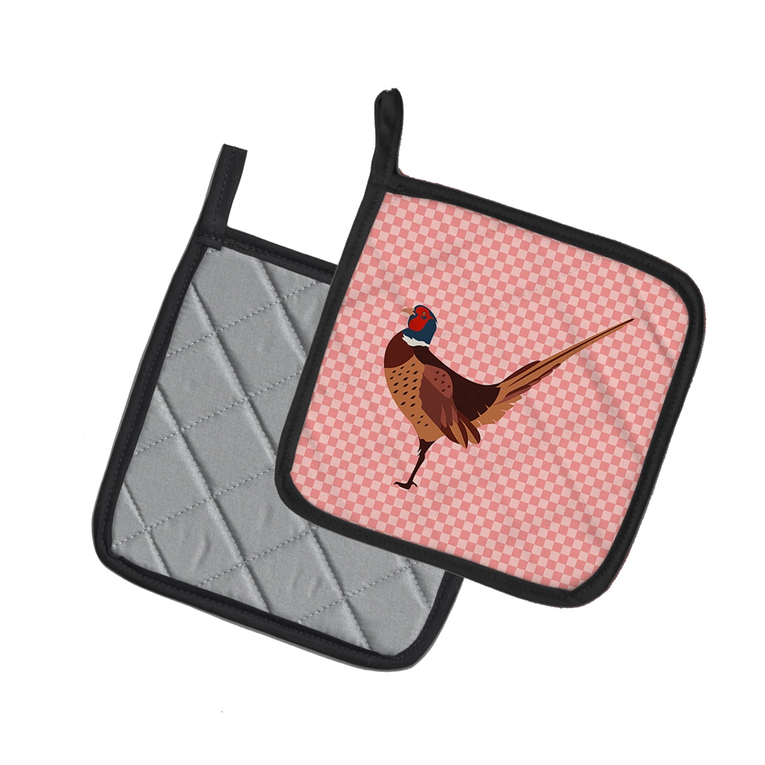 Ring-necked Common Pheasant Pink Check Pot Holder Set of 2 Heat Resistant Quilted Hot Pads 7.5 x 7.5 Inch, Insulated Kitchen Trivets for Cooking & Baking