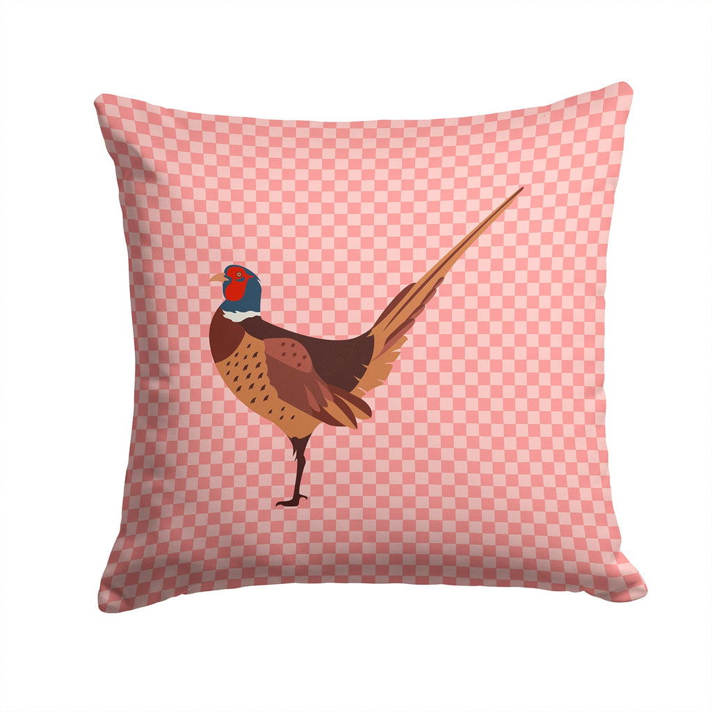 Ring-necked Common Pheasant Pink Check Decorative Throw Pillow 14x14 Indoor Outdoor Accent Cushion, Fabric Cover with Insert for Sofa, Bed, Porch & Living Room