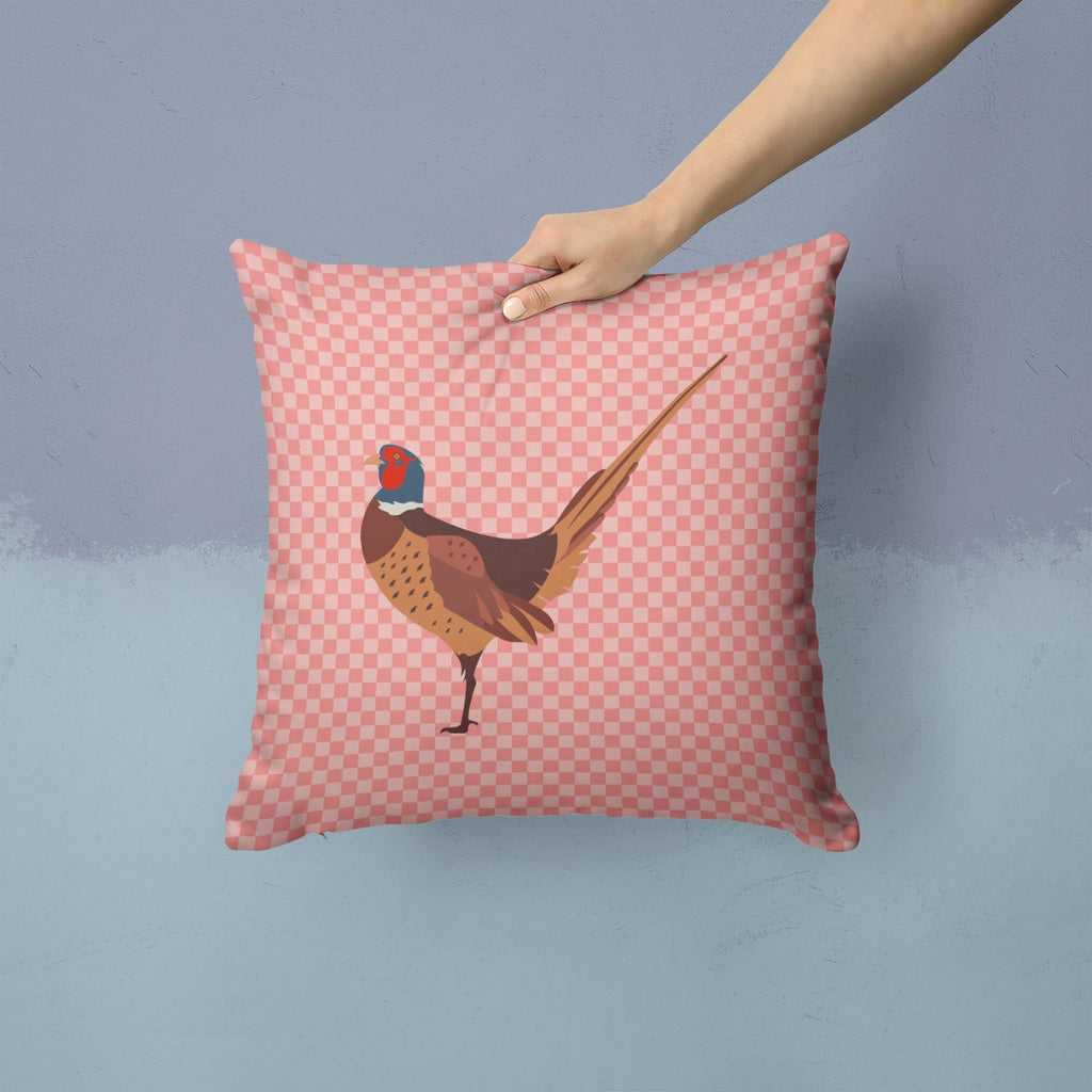 Ring-necked Common Pheasant Pink Check Decorative Throw Pillow 14x14 Indoor Outdoor Accent Cushion, Fabric Cover with Insert for Sofa, Bed, Porch & Living Room