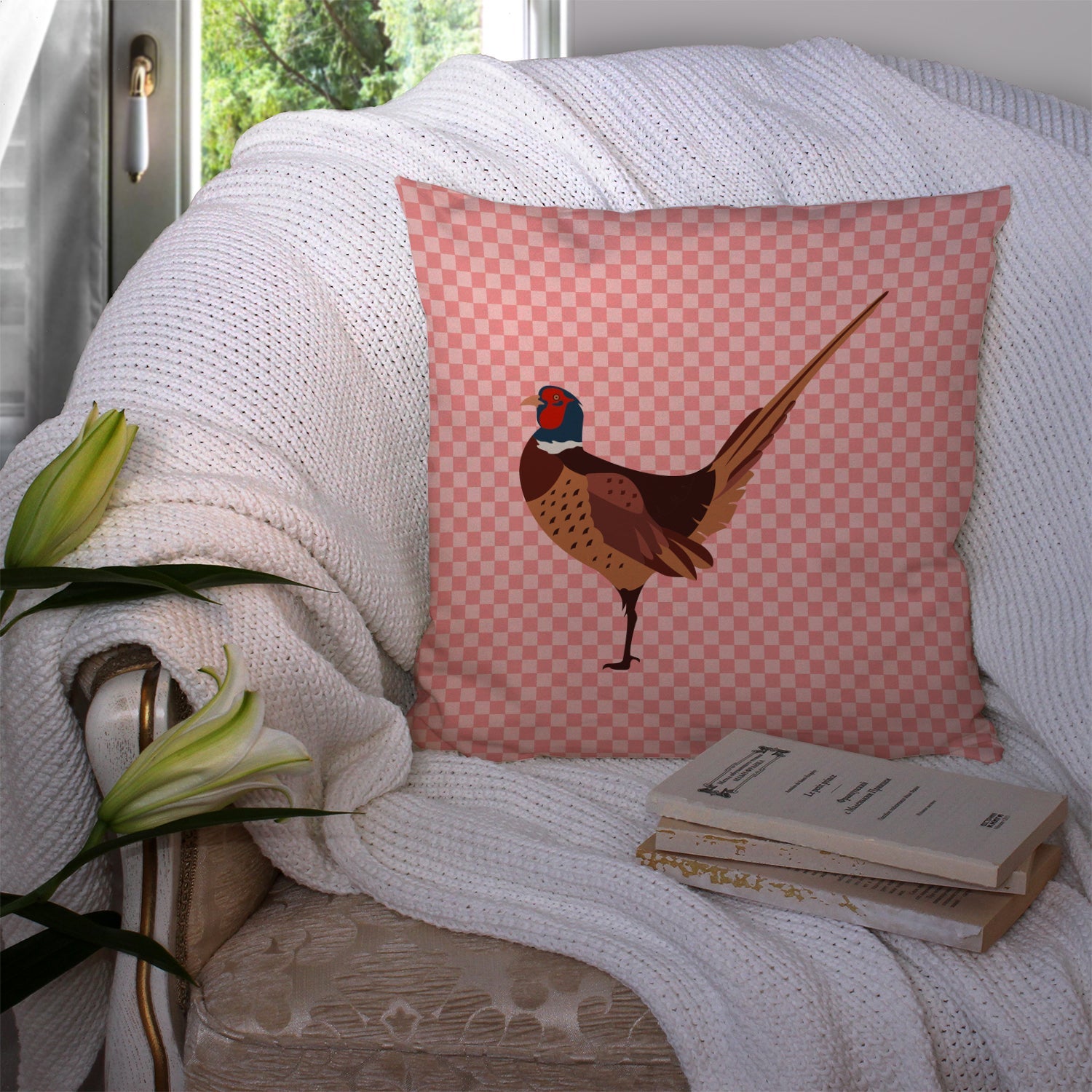 Ring-necked Common Pheasant Pink Check Decorative Throw Pillow 14x14 Indoor Outdoor Accent Cushion, Fabric Cover with Insert for Sofa, Bed, Porch & Living Room