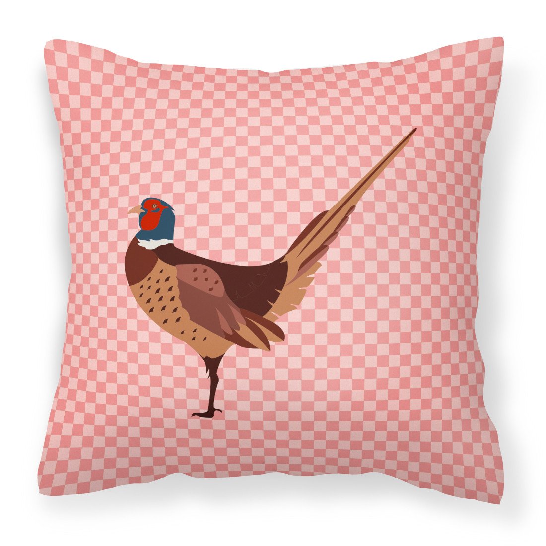 Ring-necked Common Pheasant Pink Check Decorative Throw Pillow 18x18 Indoor Outdoor Accent Cushion, Fabric Cover with Insert for Sofa, Bed, Porch & Living Room