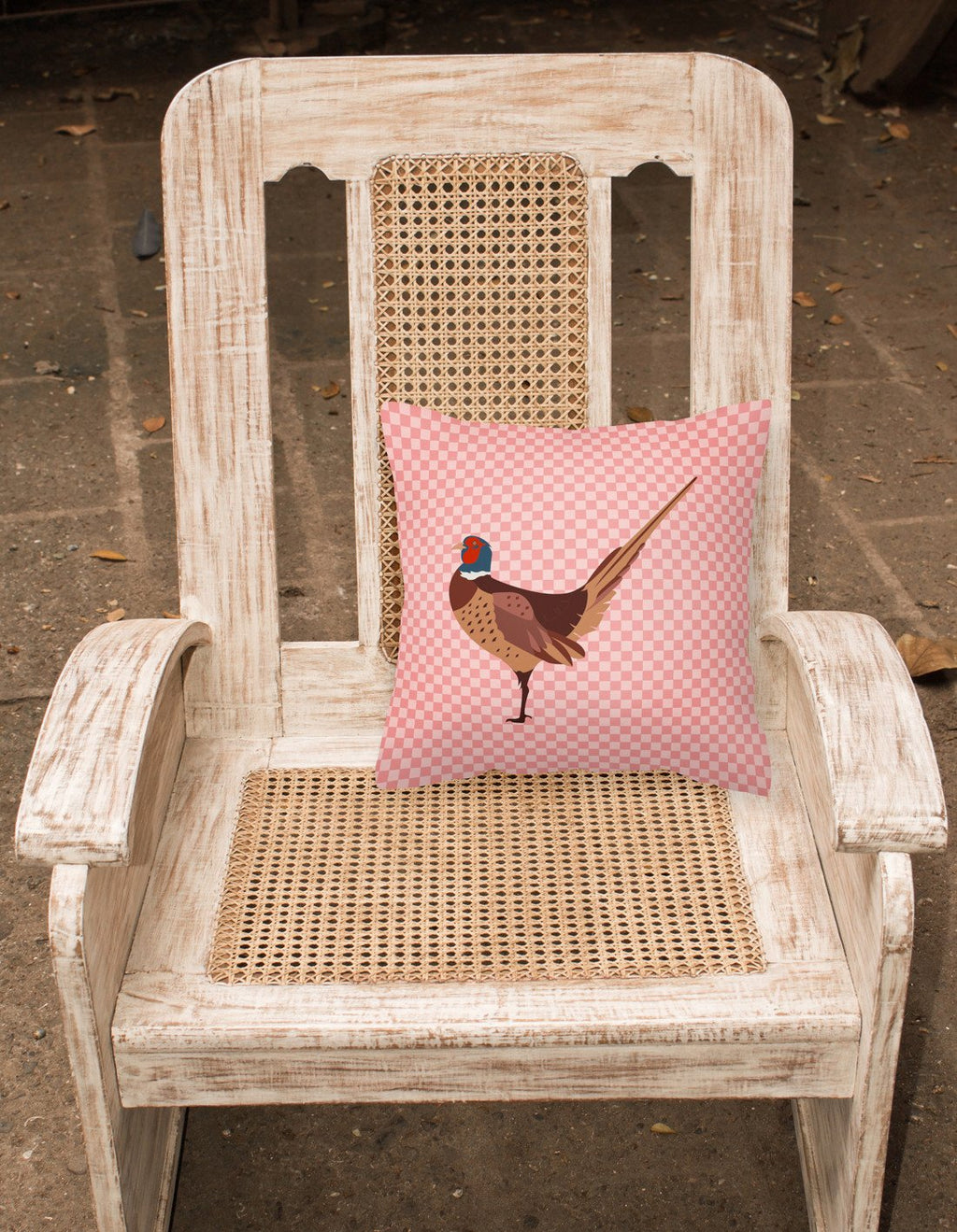 Ring-necked Common Pheasant Pink Check Decorative Throw Pillow 18x18 Indoor Outdoor Accent Cushion, Fabric Cover with Insert for Sofa, Bed, Porch & Living Room