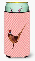 Ring-necked Common Pheasant Pink Check Tall Boy Hugger Can Cooler Sleeve Machine Washable Drink Collapsible Insulator Beverage Insulated Holder
