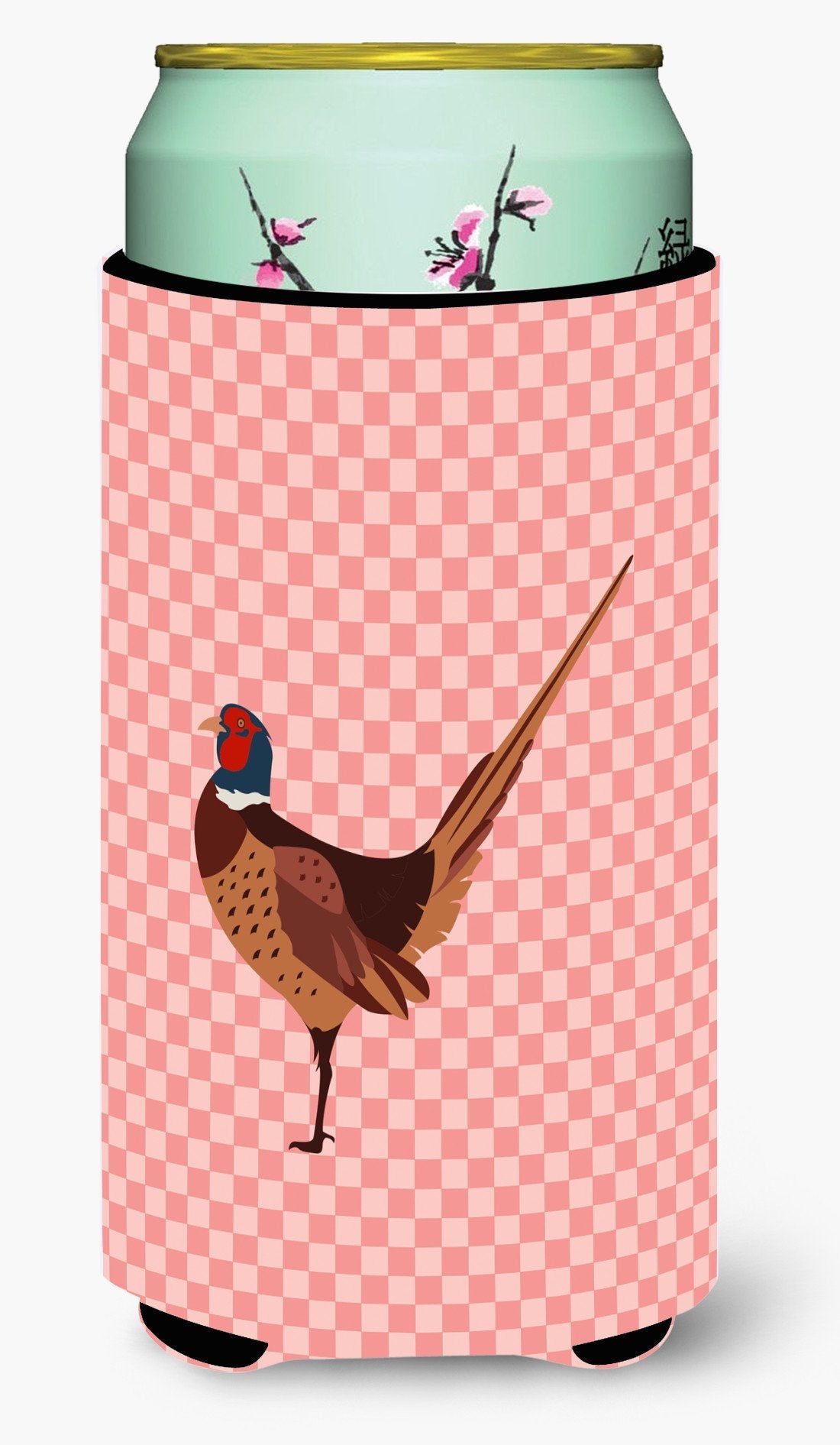 Ring-necked Common Pheasant Pink Check Tall Boy Hugger Can Cooler Sleeve Machine Washable Drink Collapsible Insulator Beverage Insulated Holder