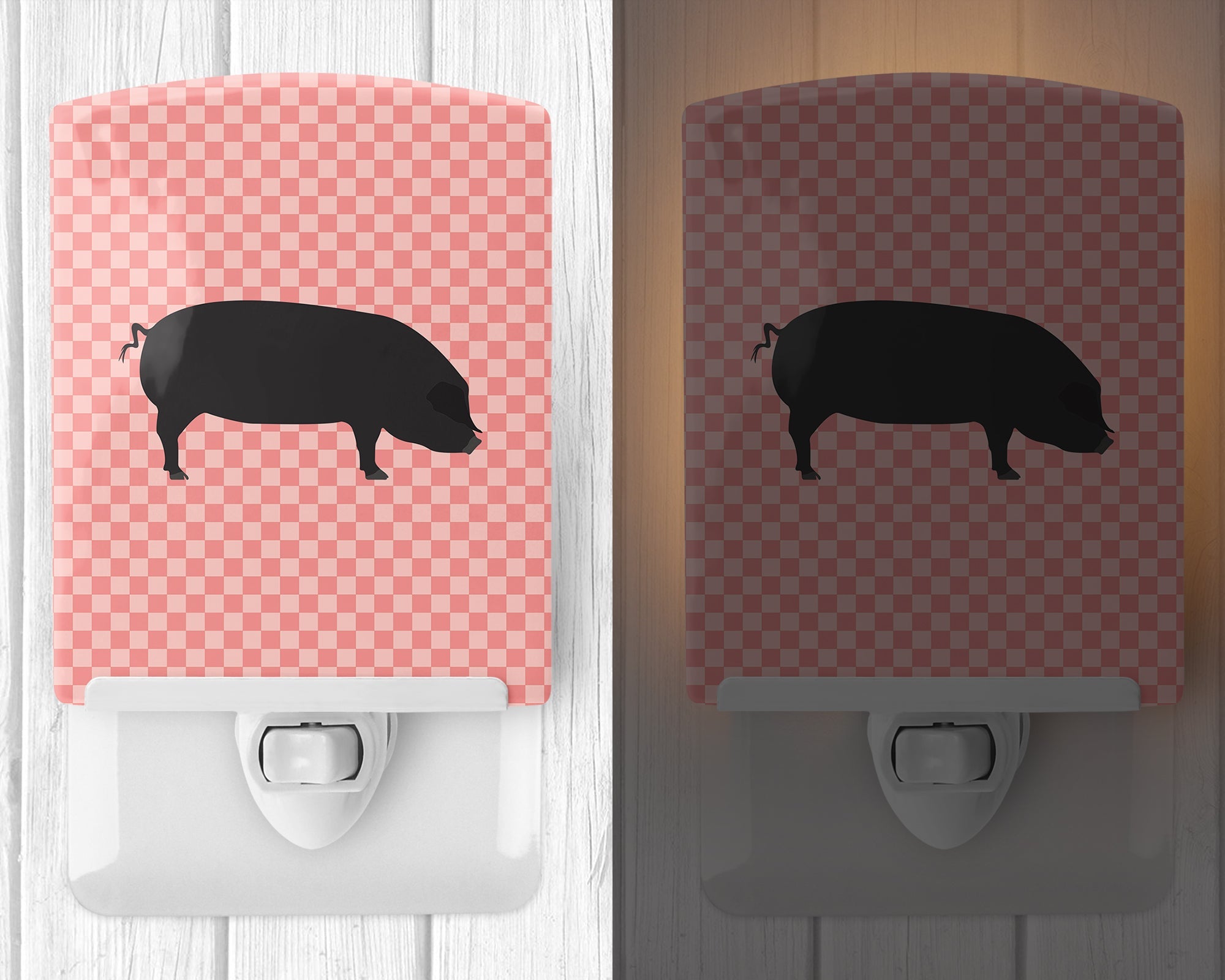 Devon Large Black Pig Pink Check Ceramic Night Light Compact, UL-Certified, Ideal for Bedroom, Bathroom, Nursery, Hallway, Kitchen, 6x4x3, Multicolor