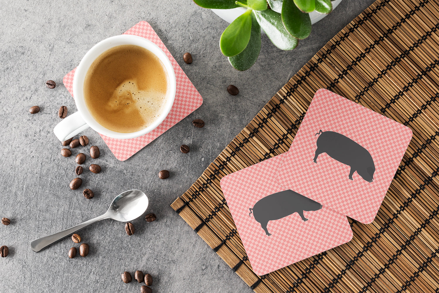 Devon Large Black Pig Pink Check Foam Coasters Set of 4 Cup Coasters for Indoor Outdoor, Tabletop Protection, Anti Slip, Mouse pad Material