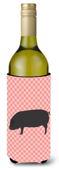 Devon Large Black Pig Pink Check Wine Bottle Hugger Gift Sleeve for Standard 750 ml Bottles, Insulated Reusable Also Fits Mini Shot & Pint Bottles