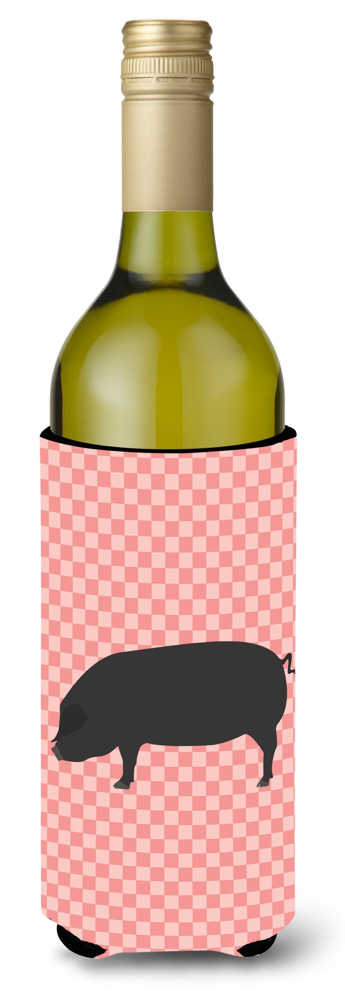Devon Large Black Pig Pink Check Wine Bottle Hugger Gift Sleeve for Standard 750 ml Bottles, Insulated Reusable Also Fits Mini Shot & Pint Bottles