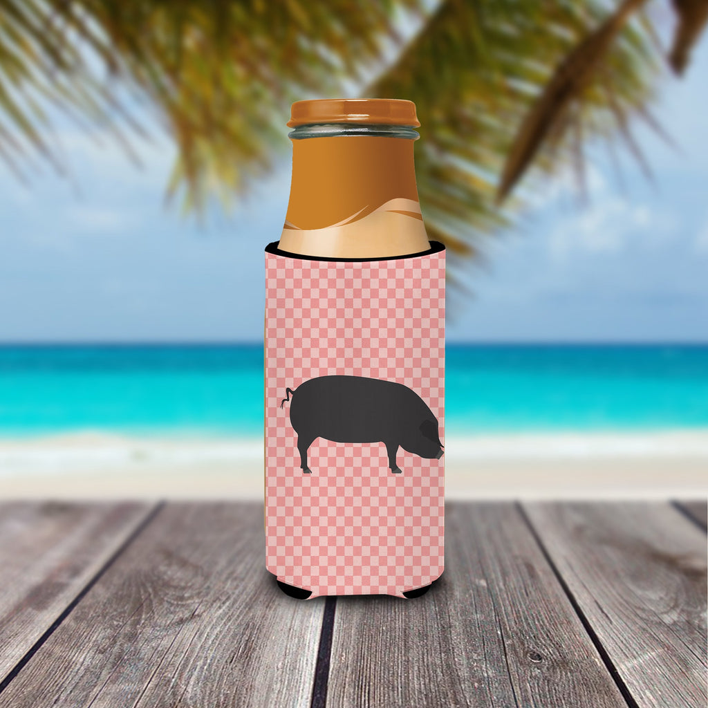 Devon Large Black Pig Pink Check Slim Can Hugger , Insulated Foam Hugger for 12 oz Slim Cans, Beer Bottles & Water Bottles, Printed in USA