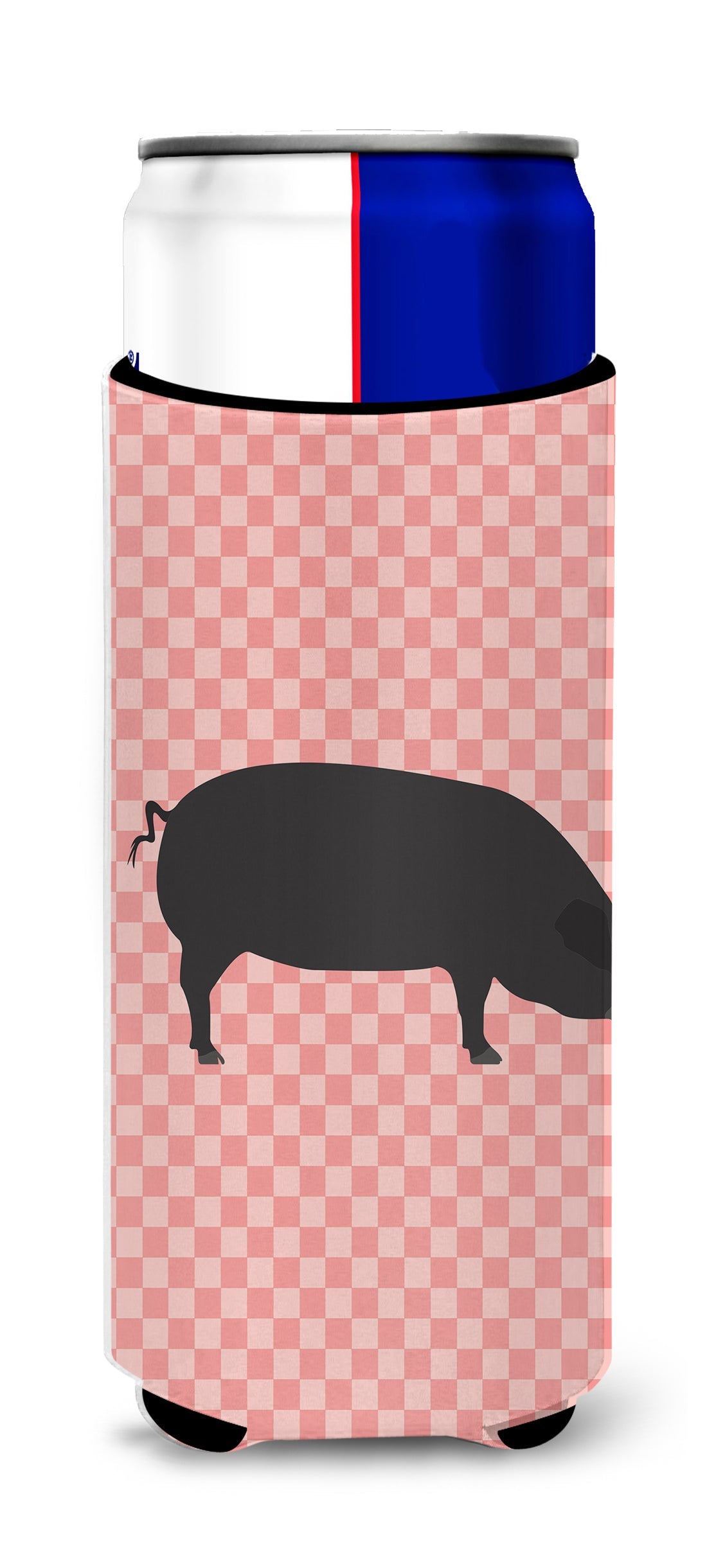 Devon Large Black Pig Pink Check Slim Can Hugger , Insulated Foam Hugger for 12 oz Slim Cans, Beer Bottles & Water Bottles, Printed in USA