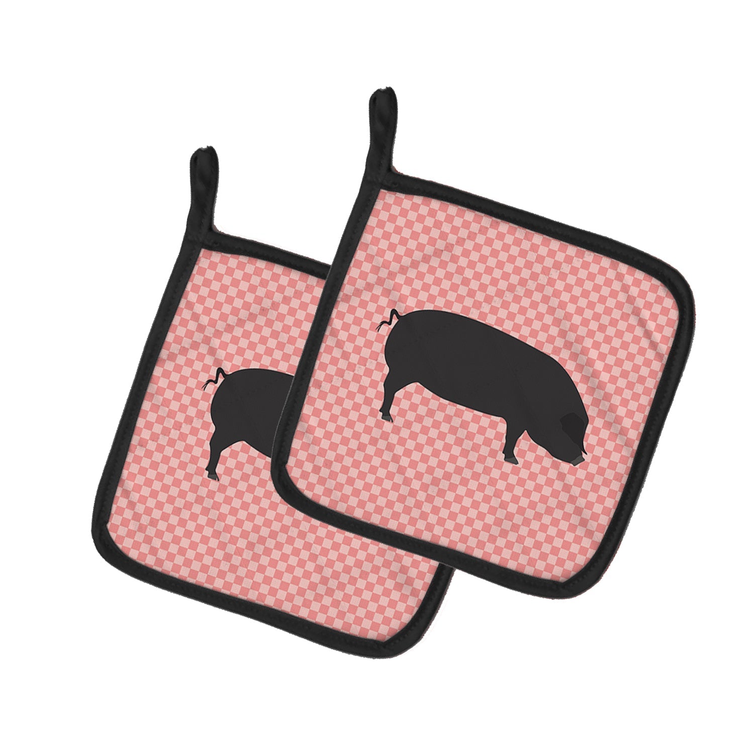 Devon Large Black Pig Pink Check Pot Holder Set of 2 Heat Resistant Quilted Hot Pads 7.5 x 7.5 Inch, Insulated Kitchen Trivets for Cooking & Baking