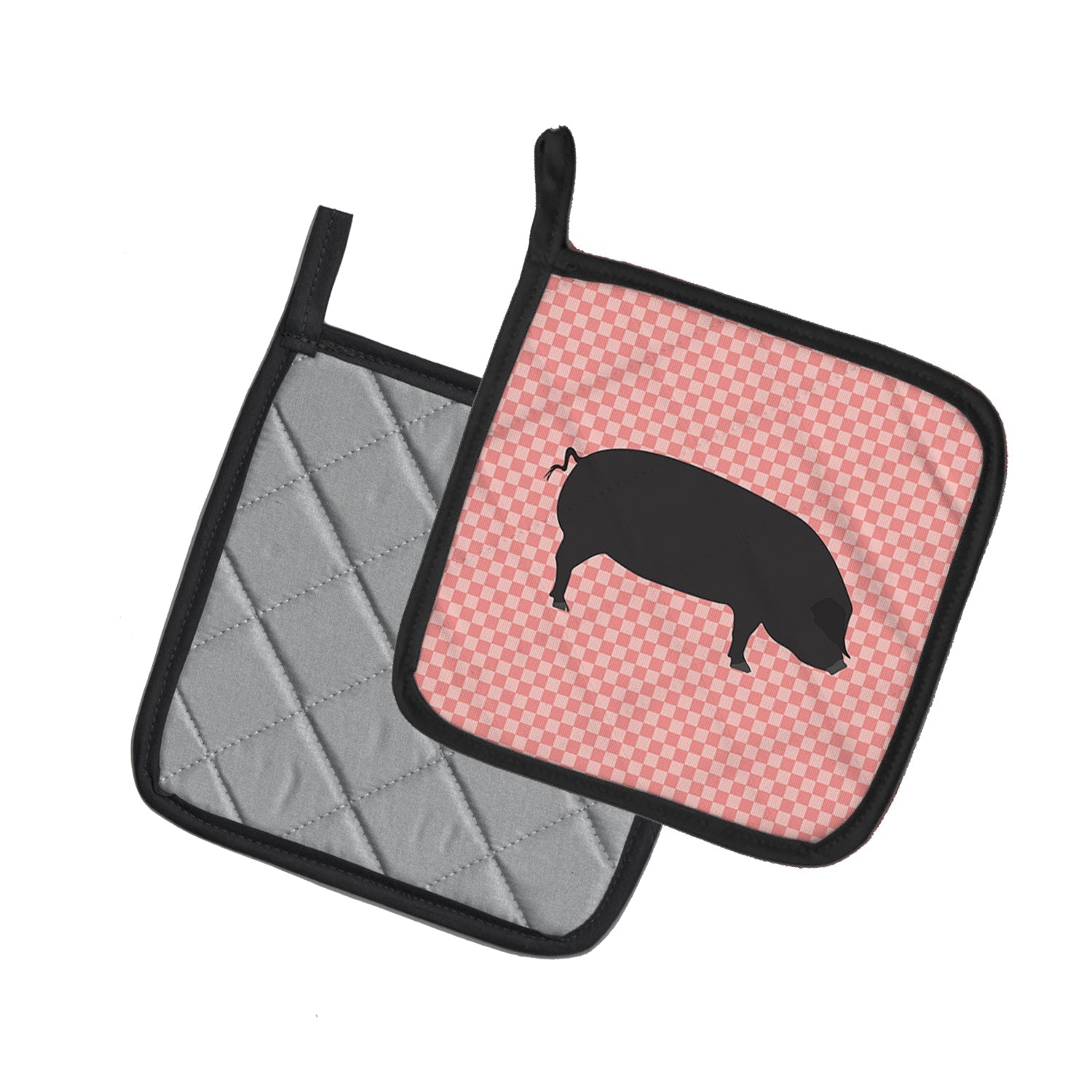 Devon Large Black Pig Pink Check Pot Holder Set of 2 Heat Resistant Quilted Hot Pads 7.5 x 7.5 Inch, Insulated Kitchen Trivets for Cooking & Baking