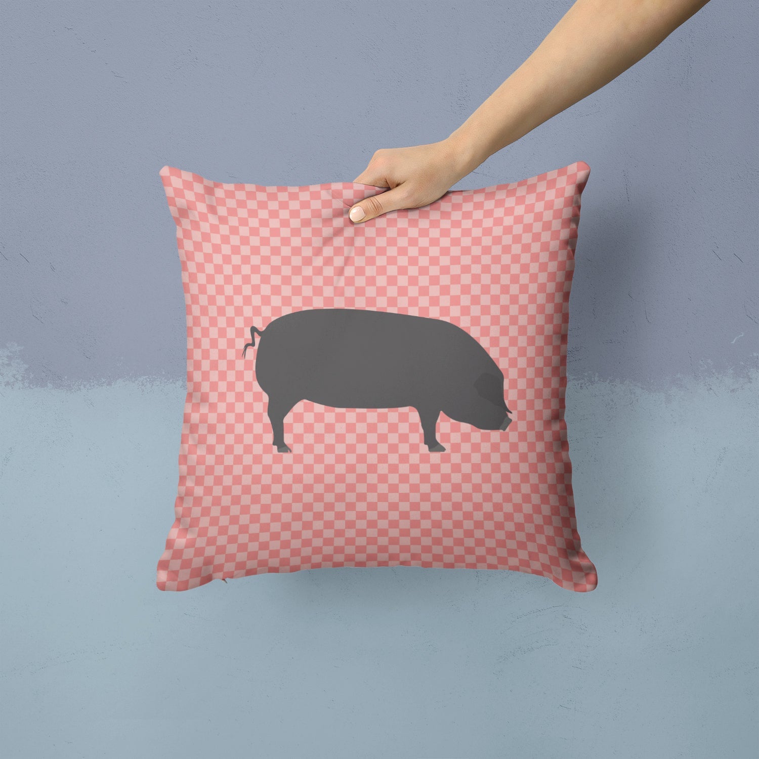 Devon Large Black Pig Pink Check Decorative Throw Pillow 14x14 Indoor Outdoor Accent Cushion, Fabric Cover with Insert for Sofa, Bed, Porch & Living Room