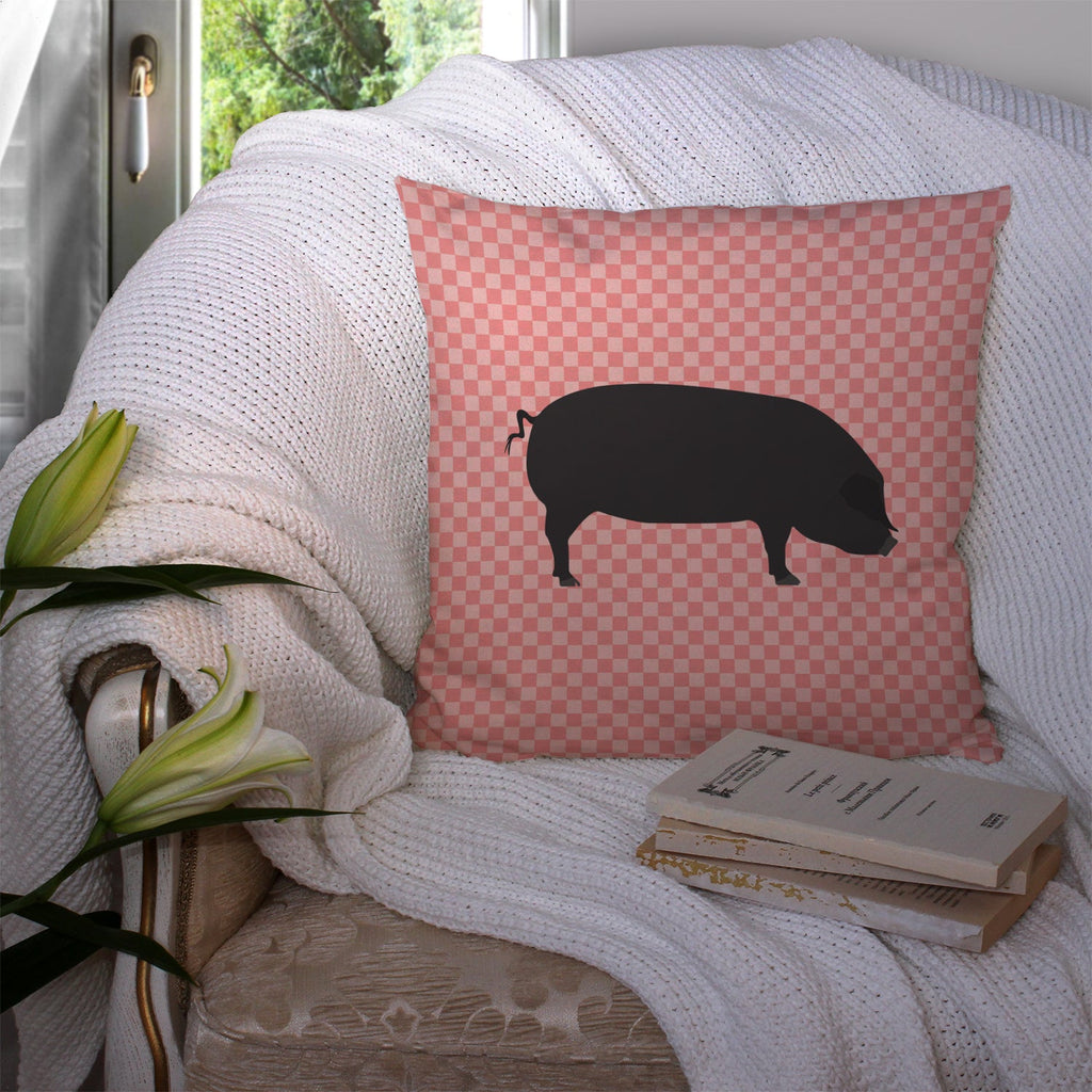 Devon Large Black Pig Pink Check Decorative Throw Pillow 14x14 Indoor Outdoor Accent Cushion, Fabric Cover with Insert for Sofa, Bed, Porch & Living Room