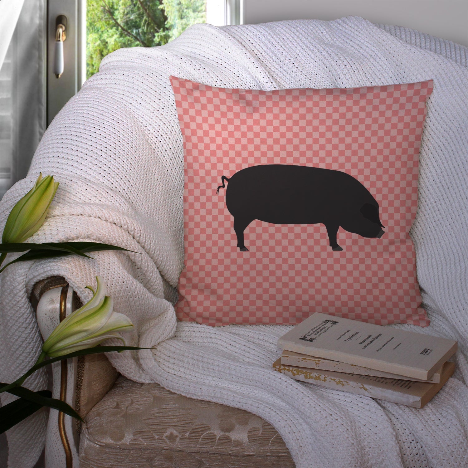 Devon Large Black Pig Pink Check Decorative Throw Pillow 14x14 Indoor Outdoor Accent Cushion, Fabric Cover with Insert for Sofa, Bed, Porch & Living Room