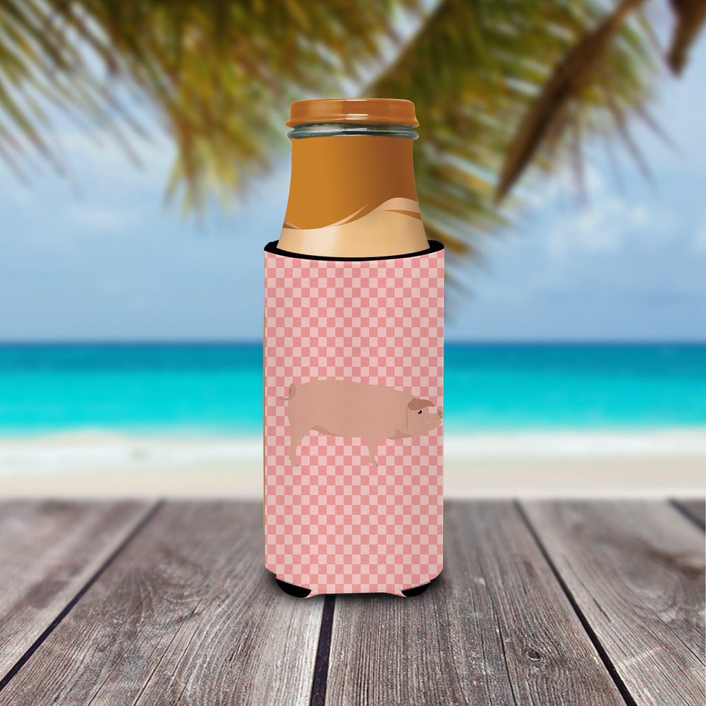 American Landrace Pig Pink Check Slim Can Hugger , Insulated Foam Hugger for 12 oz Slim Cans, Beer Bottles & Water Bottles, Printed in USA