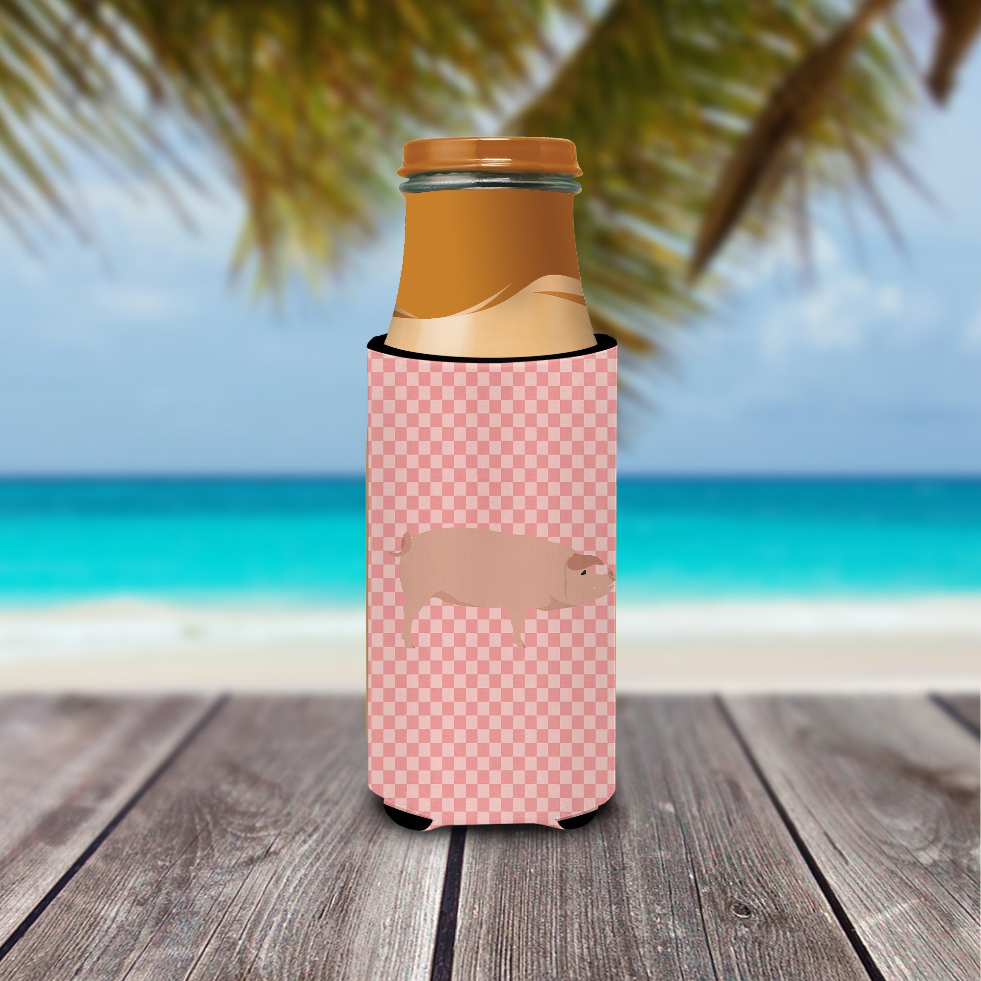 American Landrace Pig Pink Check Slim Can Hugger , Insulated Foam Hugger for 12 oz Slim Cans, Beer Bottles & Water Bottles, Printed in USA