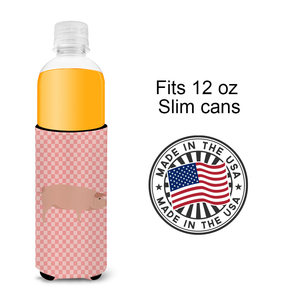 American Landrace Pig Pink Check Slim Can Hugger , Insulated Foam Hugger for 12 oz Slim Cans, Beer Bottles & Water Bottles, Printed in USA