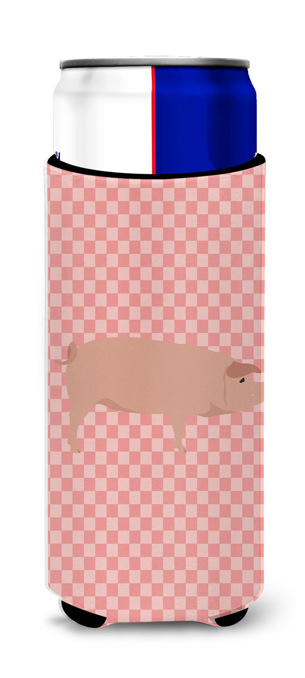 American Landrace Pig Pink Check Slim Can Hugger , Insulated Foam Hugger for 12 oz Slim Cans, Beer Bottles & Water Bottles, Printed in USA