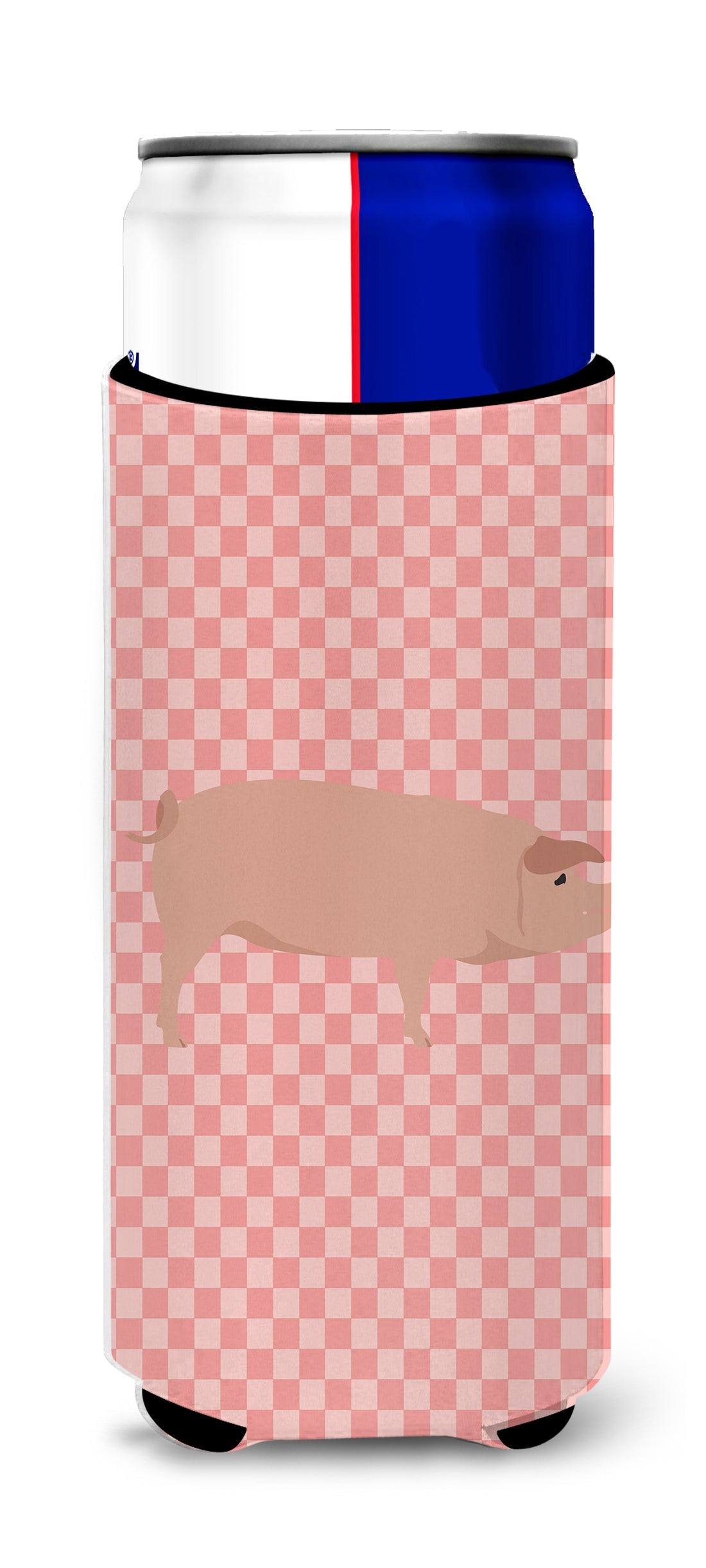 American Landrace Pig Pink Check Slim Can Hugger , Insulated Foam Hugger for 12 oz Slim Cans, Beer Bottles & Water Bottles, Printed in USA