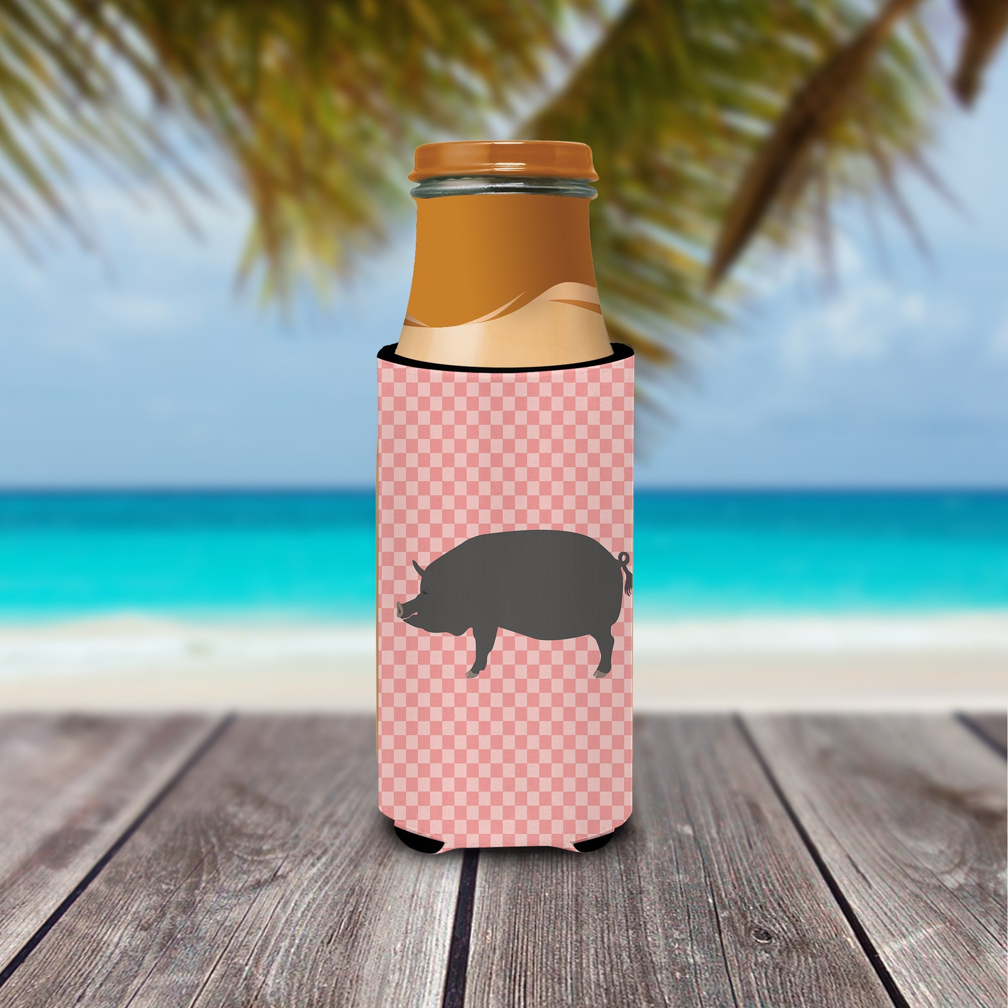 Berkshire Pig Pink Check Slim Can Hugger , Insulated Foam Hugger for 12 oz Slim Cans, Beer Bottles & Water Bottles, Printed in USA