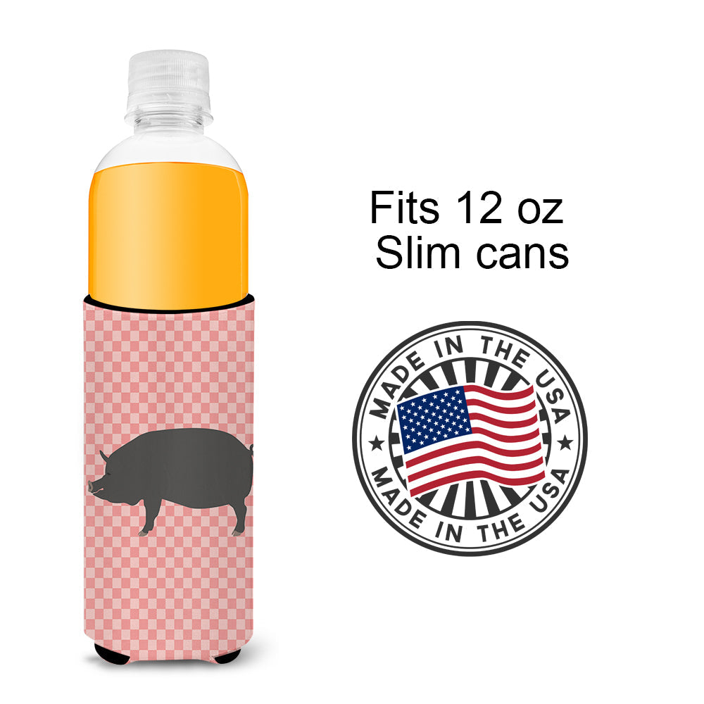 Berkshire Pig Pink Check Slim Can Hugger , Insulated Foam Hugger for 12 oz Slim Cans, Beer Bottles & Water Bottles, Printed in USA