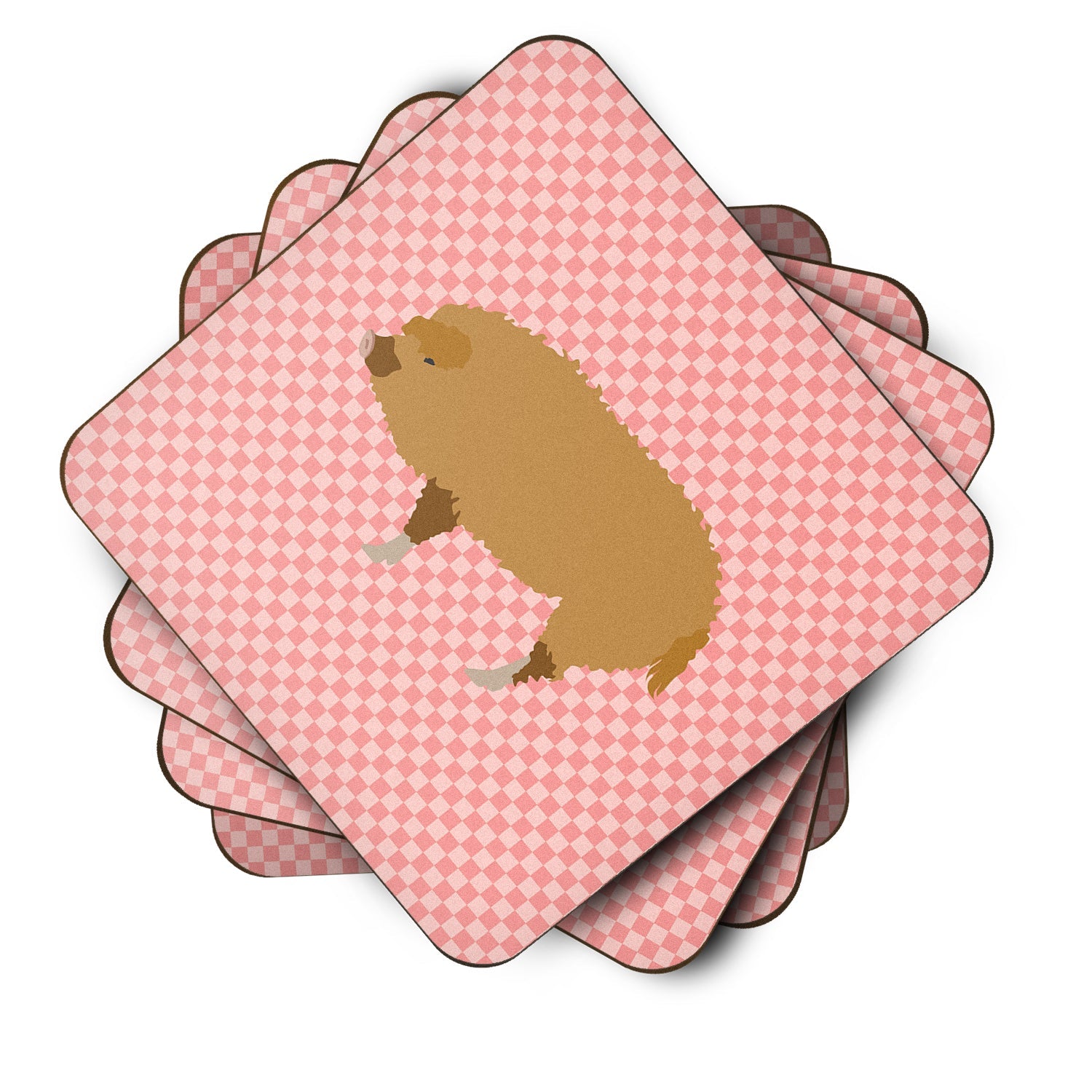 Hungarian Mangalica Pig Pink Check Foam Coasters Set of 4 Cup Coasters for Indoor Outdoor, Tabletop Protection, Anti Slip, Mouse pad Material