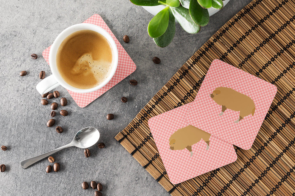 Hungarian Mangalica Pig Pink Check Foam Coasters Set of 4 Cup Coasters for Indoor Outdoor, Tabletop Protection, Anti Slip, Mouse pad Material