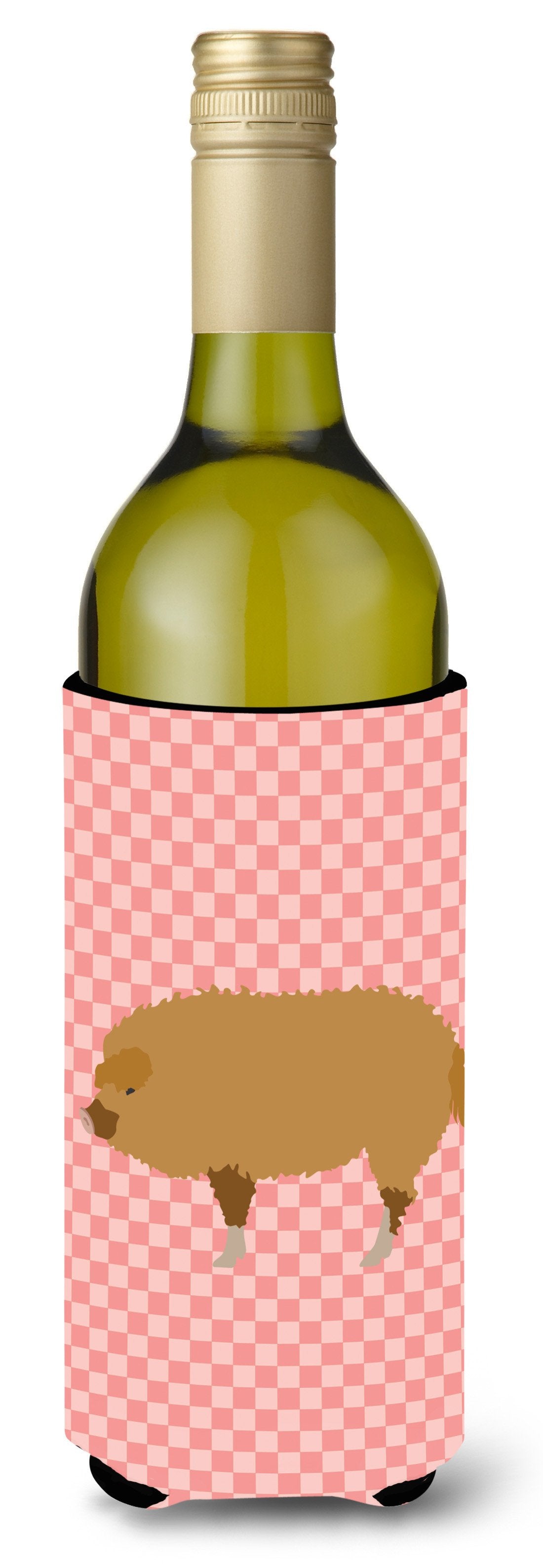 Hungarian Mangalica Pig Pink Check Wine Bottle Hugger Gift Sleeve for Standard 750 ml Bottles, Insulated Reusable Also Fits Mini Shot & Pint Bottles