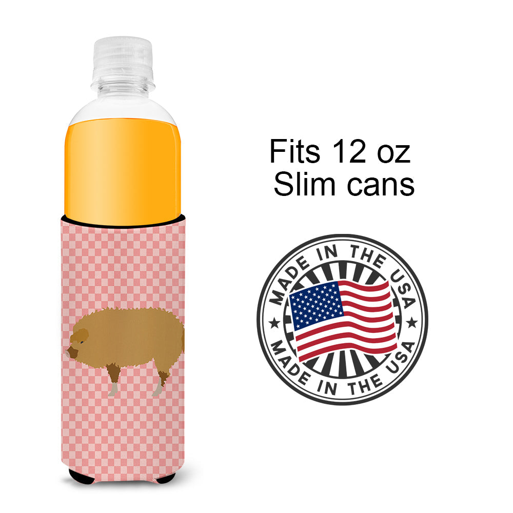 Hungarian Mangalica Pig Pink Check Slim Can Hugger , Insulated Foam Hugger for 12 oz Slim Cans, Beer Bottles & Water Bottles, Printed in USA